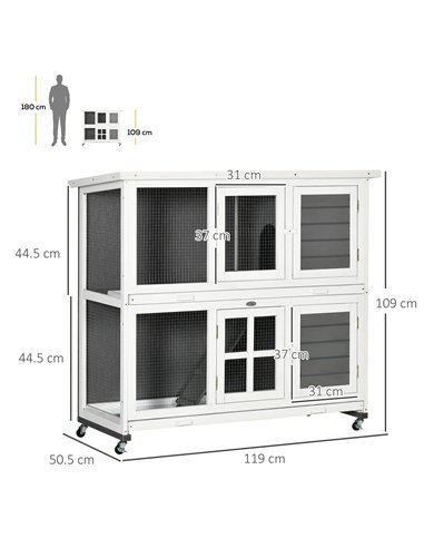 PawHut Wooden Rabbit Hutch, Two-Tier Guinea Pig Cage, with Removable Tray, Wheels