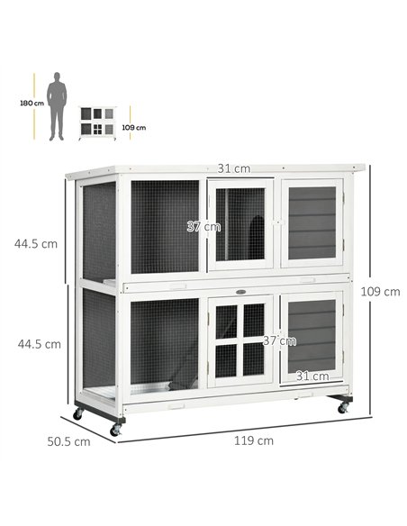 PawHut Wooden Rabbit Hutch, Two-Tier Guinea Pig Cage, with Removable Tray, Wheels - pic 149584 | FastDaddyshop
