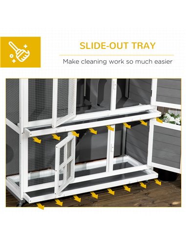 PawHut Wooden Rabbit Hutch, Two-Tier Guinea Pig Cage, with Removable Tray, Wheels