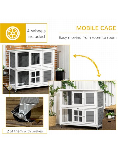 PawHut Wooden Rabbit Hutch, Two-Tier Guinea Pig Cage, with Removable Tray, Wheels - pic 149588 | FastDaddyshop