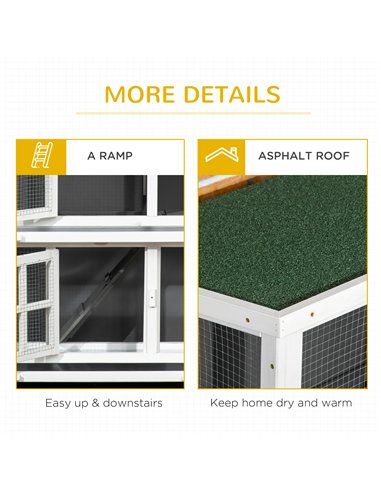 PawHut Wooden Rabbit Hutch, Two-Tier Guinea Pig Cage, with Removable Tray, Wheels