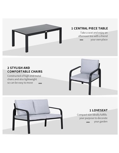 Outsunny 4pcs Garden Sofa Set with 2 Single Armchair, 1 Bench & 1 Coffee Table, Black