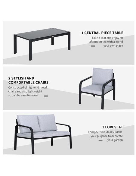 Outsunny 4pcs Garden Sofa Set with 2 Single Armchair, 1 Bench & 1 Coffee Table, Black - pic 14959 | FastDaddyshop