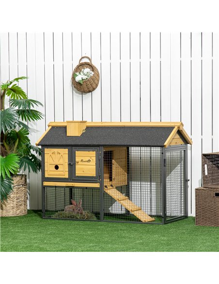 PawHut Outdoor Rabbit Hutch, with Run, Removable Tray, Asphalt Roof, 120 x 55.5 x 80cm - pic 149592 | FastDaddyshop