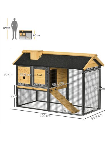 PawHut Outdoor Rabbit Hutch, with Run, Removable Tray, Asphalt Roof, 120 x 55.5 x 80cm