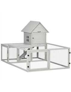 PawHut Indoor Rabbit Hutch, Guinea Pig Cage, with Slide-Out Tray, Large Fenced Area - Light Grey