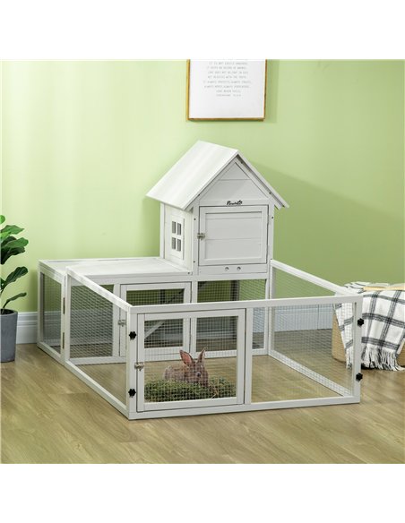 PawHut Indoor Rabbit Hutch, Guinea Pig Cage, with Slide-Out Tray, Large Fenced Area - Light Grey - pic 149601 | FastDaddyshop