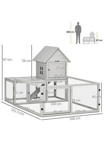 PawHut Indoor Rabbit Hutch, Guinea Pig Cage, with Slide-Out Tray, Large Fenced Area - Light Grey