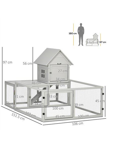 PawHut Indoor Rabbit Hutch, Guinea Pig Cage, with Slide-Out Tray, Large Fenced Area - Light Grey - pic 149602 | FastDaddyshop