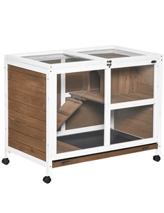 PawHut Wooden Rabbit Hutch, Bunny Cage w/ Tray, Ramp, Openable Roof, Wheels, 91.5 x 53.3 x 73cm - Brown
