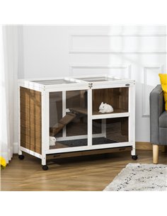 PawHut Wooden Rabbit Hutch, Bunny Cage w/ Tray, Ramp, Openable Roof, Wheels, 91.5 x 53.3 x 73cm - Brown 2