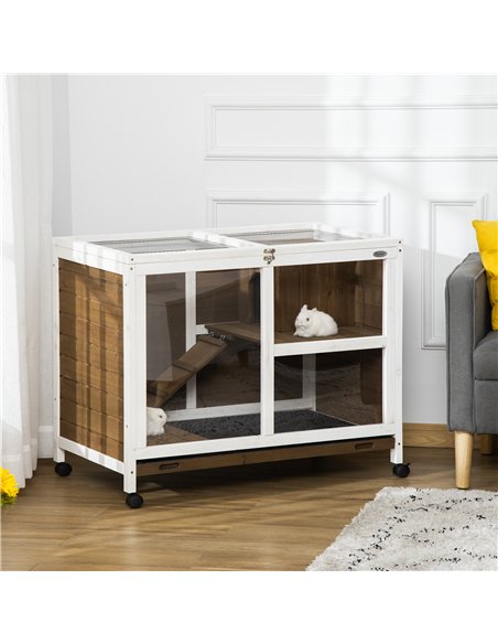 PawHut Wooden Rabbit Hutch, Bunny Cage w/ Tray, Ramp, Openable Roof, Wheels, 91.5 x 53.3 x 73cm - Brown - pic 149610 | FastDaddyshop
