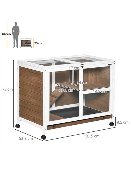 PawHut Wooden Rabbit Hutch, Bunny Cage w/ Tray, Ramp, Openable Roof, Wheels, 91.5 x 53.3 x 73cm - Brown - pic 149611 | FastDaddyshop