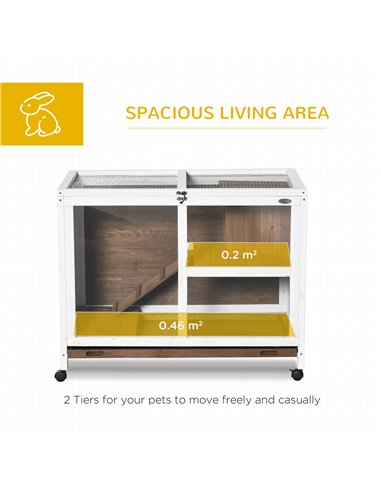 PawHut Wooden Rabbit Hutch, Bunny Cage w/ Tray, Ramp, Openable Roof, Wheels, 91.5 x 53.3 x 73cm - Brown