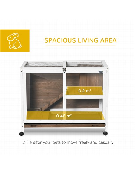 PawHut Wooden Rabbit Hutch, Bunny Cage w/ Tray, Ramp, Openable Roof, Wheels, 91.5 x 53.3 x 73cm - Brown - pic 149612 | FastDaddyshop