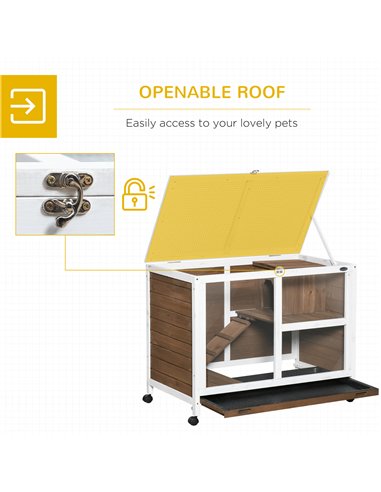PawHut Wooden Rabbit Hutch, Bunny Cage w/ Tray, Ramp, Openable Roof, Wheels, 91.5 x 53.3 x 73cm - Brown