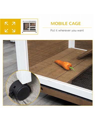 PawHut Wooden Rabbit Hutch, Bunny Cage w/ Tray, Ramp, Openable Roof, Wheels, 91.5 x 53.3 x 73cm - Brown