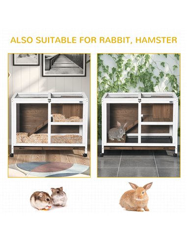 PawHut Wooden Rabbit Hutch, Bunny Cage w/ Tray, Ramp, Openable Roof, Wheels, 91.5 x 53.3 x 73cm - Brown