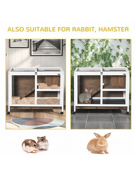 PawHut Wooden Rabbit Hutch, Bunny Cage w/ Tray, Ramp, Openable Roof, Wheels, 91.5 x 53.3 x 73cm - Brown - pic 149615 | FastDaddyshop