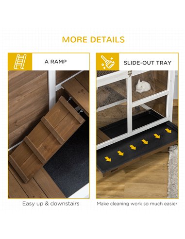 PawHut Wooden Rabbit Hutch, Bunny Cage w/ Tray, Ramp, Openable Roof, Wheels, 91.5 x 53.3 x 73cm - Brown
