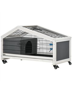 PawHut Rabbit Hutch, Wheeled Rabbit Cage w/ Water Bottle, Plastic Slide-Out Tray - Grey