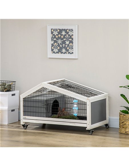 PawHut Rabbit Hutch, Wheeled Rabbit Cage w/ Water Bottle, Plastic Slide-Out Tray - Grey - pic 149619 | FastDaddyshop