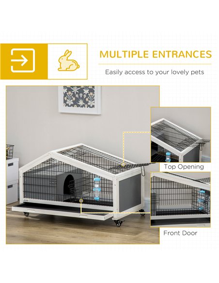 PawHut Rabbit Hutch, Wheeled Rabbit Cage w/ Water Bottle, Plastic Slide-Out Tray - Grey - pic 149622 | FastDaddyshop