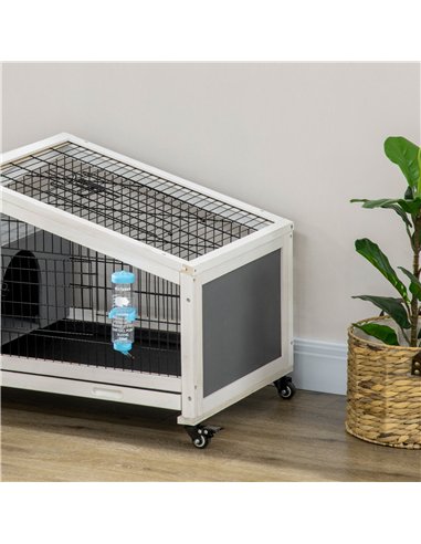 PawHut Rabbit Hutch, Wheeled Rabbit Cage w/ Water Bottle, Plastic Slide-Out Tray - Grey