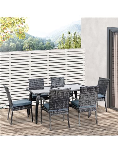 Outsunny 7 Pieces PE Rattan Garden Dining Set with Glass Top and Cushions, Grey