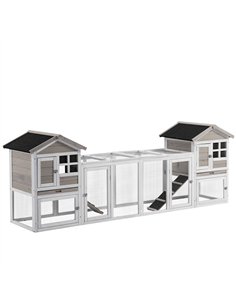 PawHut 2 in 1 Rabbit Hutch Outdoor Guinea Pig Hutch Bunny Run Double Main House with Run, No-Leak Tray 259 x 64 x 92cm, Grey