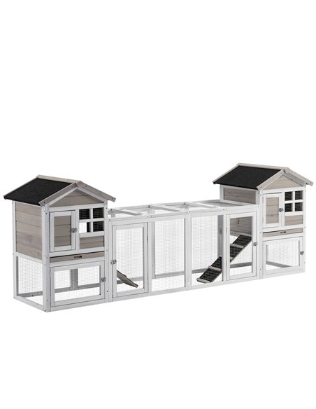 PawHut 2 in 1 Rabbit Hutch Outdoor Guinea Pig Hutch Bunny Run Double Main House with Run, No-Leak Tray 259 x 64 x 92cm, Grey - pic 149636 | FastDaddyshop