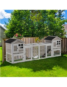 PawHut 2 in 1 Rabbit Hutch Outdoor Guinea Pig Hutch Bunny Run Double Main House with Run, No-Leak Tray 259 x 64 x 92cm, Grey 2