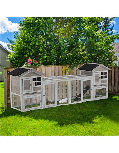PawHut 2 in 1 Rabbit Hutch Outdoor Guinea Pig Hutch Bunny Run Double Main House with Run, No-Leak Tray 259 x 64 x 92cm, Grey