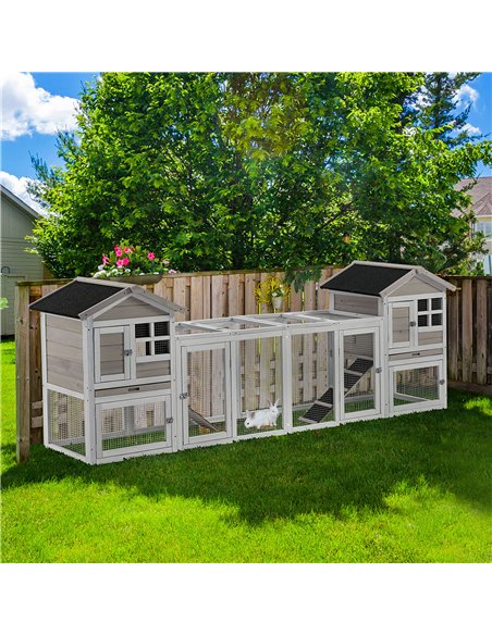 PawHut 2 in 1 Rabbit Hutch Outdoor Guinea Pig Hutch Bunny Run Double Main House with Run, No-Leak Tray 259 x 64 x 92cm, Grey - pic 149637 | FastDaddyshop