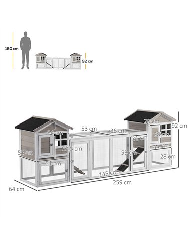 PawHut 2 in 1 Rabbit Hutch Outdoor Guinea Pig Hutch Bunny Run Double Main House with Run, No-Leak Tray 259 x 64 x 92cm, Grey