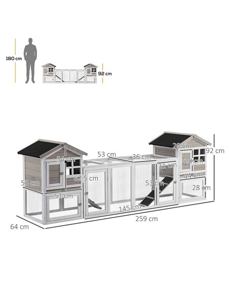 PawHut 2 in 1 Rabbit Hutch Outdoor Guinea Pig Hutch Bunny Run Double Main House with Run, No-Leak Tray 259 x 64 x 92cm, Grey - pic 149638 | FastDaddyshop