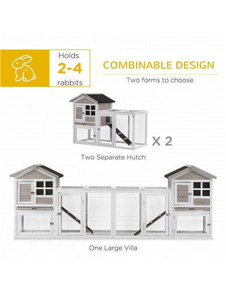 PawHut 2 in 1 Rabbit Hutch Outdoor Guinea Pig Hutch Bunny Run Double Main House with Run, No-Leak Tray 259 x 64 x 92cm, Grey - pic 149639 | FastDaddyshop
