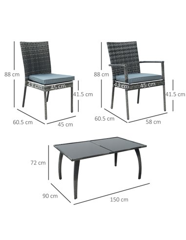 Outsunny 7 Pieces PE Rattan Garden Dining Set with Glass Top and Cushions, Grey