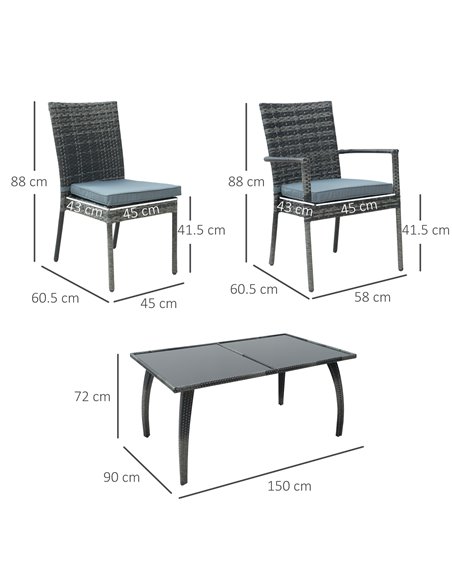 Outsunny 7 Pieces PE Rattan Garden Dining Set with Glass Top and Cushions, Grey - pic 14964 | FastDaddyshop