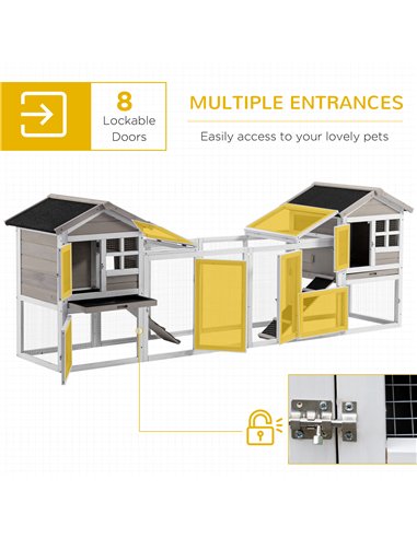 PawHut 2 in 1 Rabbit Hutch Outdoor Guinea Pig Hutch Bunny Run Double Main House with Run, No-Leak Tray 259 x 64 x 92cm, Grey