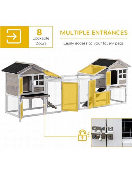 PawHut 2 in 1 Rabbit Hutch Outdoor Guinea Pig Hutch Bunny Run Double Main House with Run, No-Leak Tray 259 x 64 x 92cm, Grey - pic 149641 | FastDaddyshop