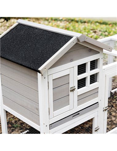 PawHut 2 in 1 Rabbit Hutch Outdoor Guinea Pig Hutch Bunny Run Double Main House with Run, No-Leak Tray 259 x 64 x 92cm, Grey