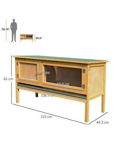 PawHut Rabbit Hutch Outdoor Guinea Pig Hutch House Small Animal Bunny Cage w/ Openable Roof, 115 x 44 x 65 cm