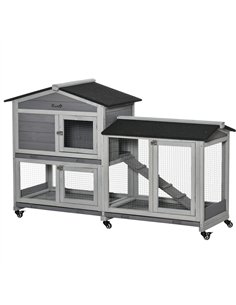 PawHut Wooden Rabbit Hutch, Guinea Pig Cage, with Wheels, Run, Slide-Out Tray, Ramp