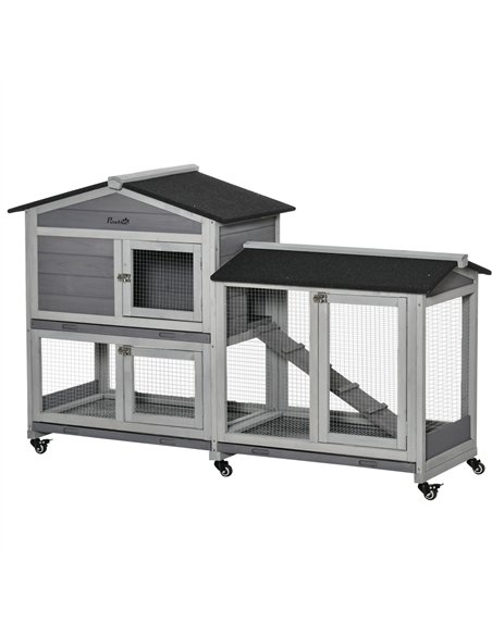 PawHut Wooden Rabbit Hutch, Guinea Pig Cage, with Wheels, Run, Slide-Out Tray, Ramp - pic 149654 | FastDaddyshop