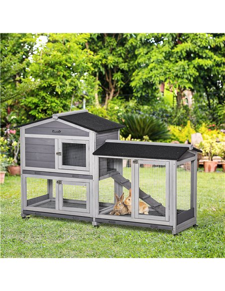 PawHut Wooden Rabbit Hutch, Guinea Pig Cage, with Wheels, Run, Slide-Out Tray, Ramp - pic 149655 | FastDaddyshop
