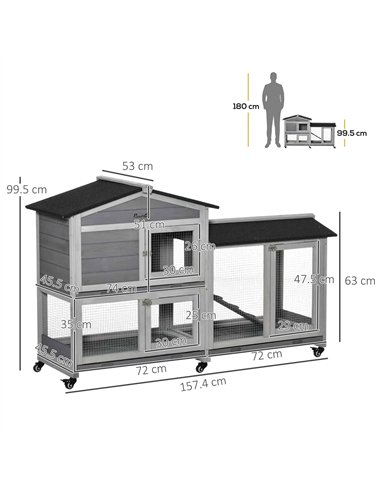 PawHut Wooden Rabbit Hutch, Guinea Pig Cage, with Wheels, Run, Slide-Out Tray, Ramp