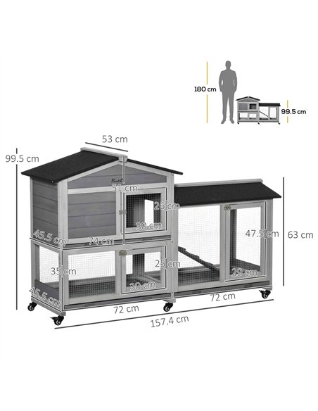 PawHut Wooden Rabbit Hutch, Guinea Pig Cage, with Wheels, Run, Slide-Out Tray, Ramp - pic 149656 | FastDaddyshop