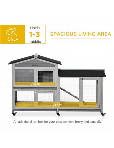 PawHut Wooden Rabbit Hutch, Guinea Pig Cage, with Wheels, Run, Slide-Out Tray, Ramp
