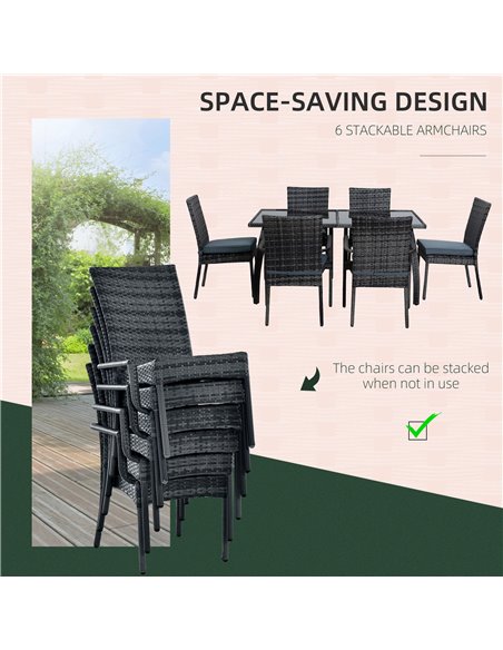 Outsunny 7 Pieces PE Rattan Garden Dining Set with Glass Top and Cushions, Grey - pic 14966 | FastDaddyshop